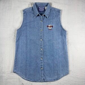 Hard‎ Rock Cafe Vintage Denim Sleeveless Shirt 100% Cotton Womens size Large